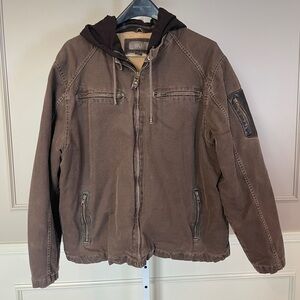 BKE Men's canvas coat jacket XXL brown hooded Workwear Cotton Lined wool hood